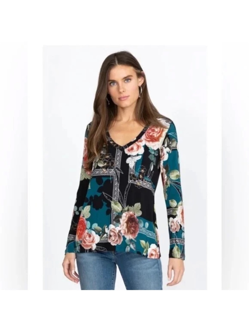 Johnny Was Rosabel Teal & Black Floral V-Neck Long Sleeve Top 1X